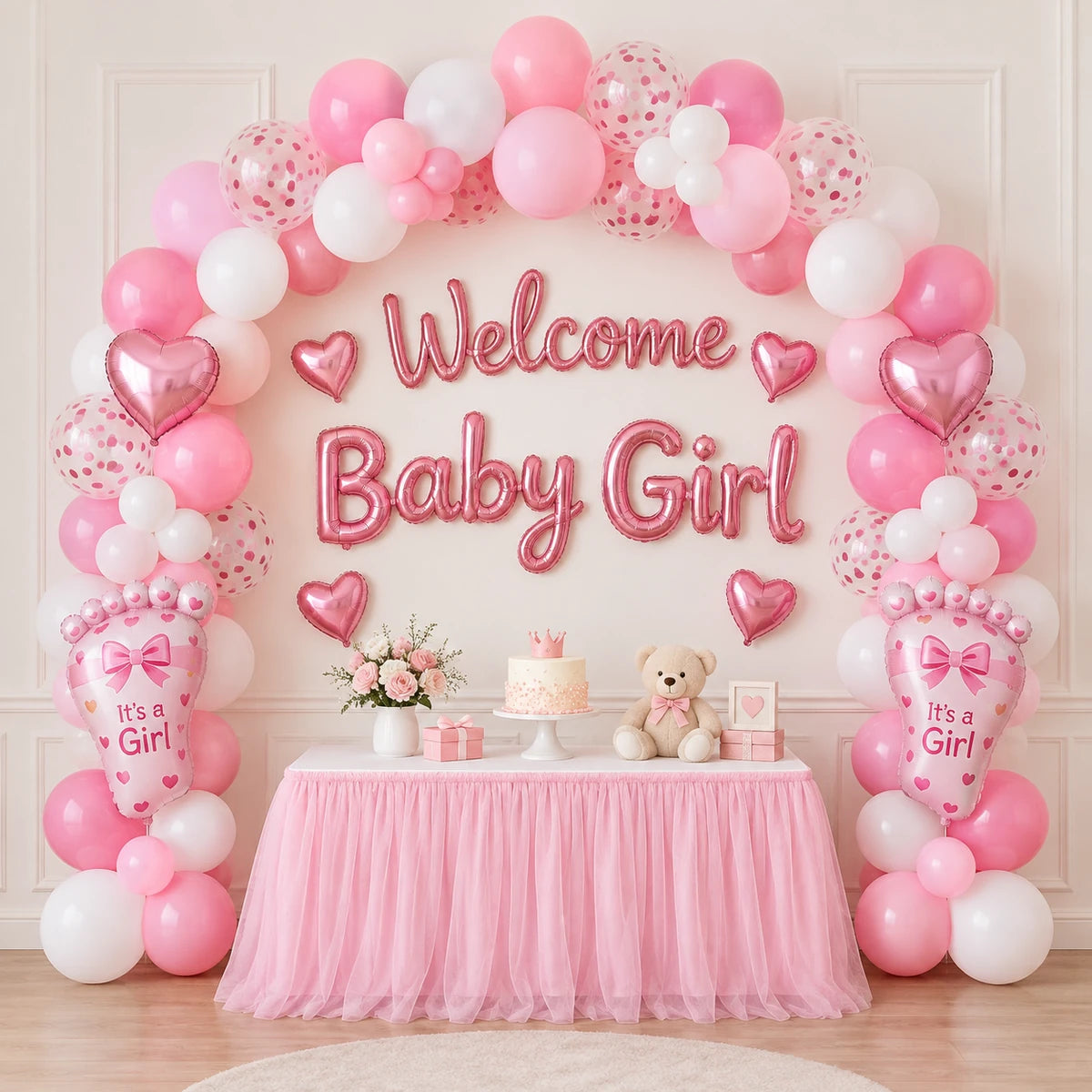 45 Pcs Welcome Baby Girl Decoration Kit – Pink White Balloons