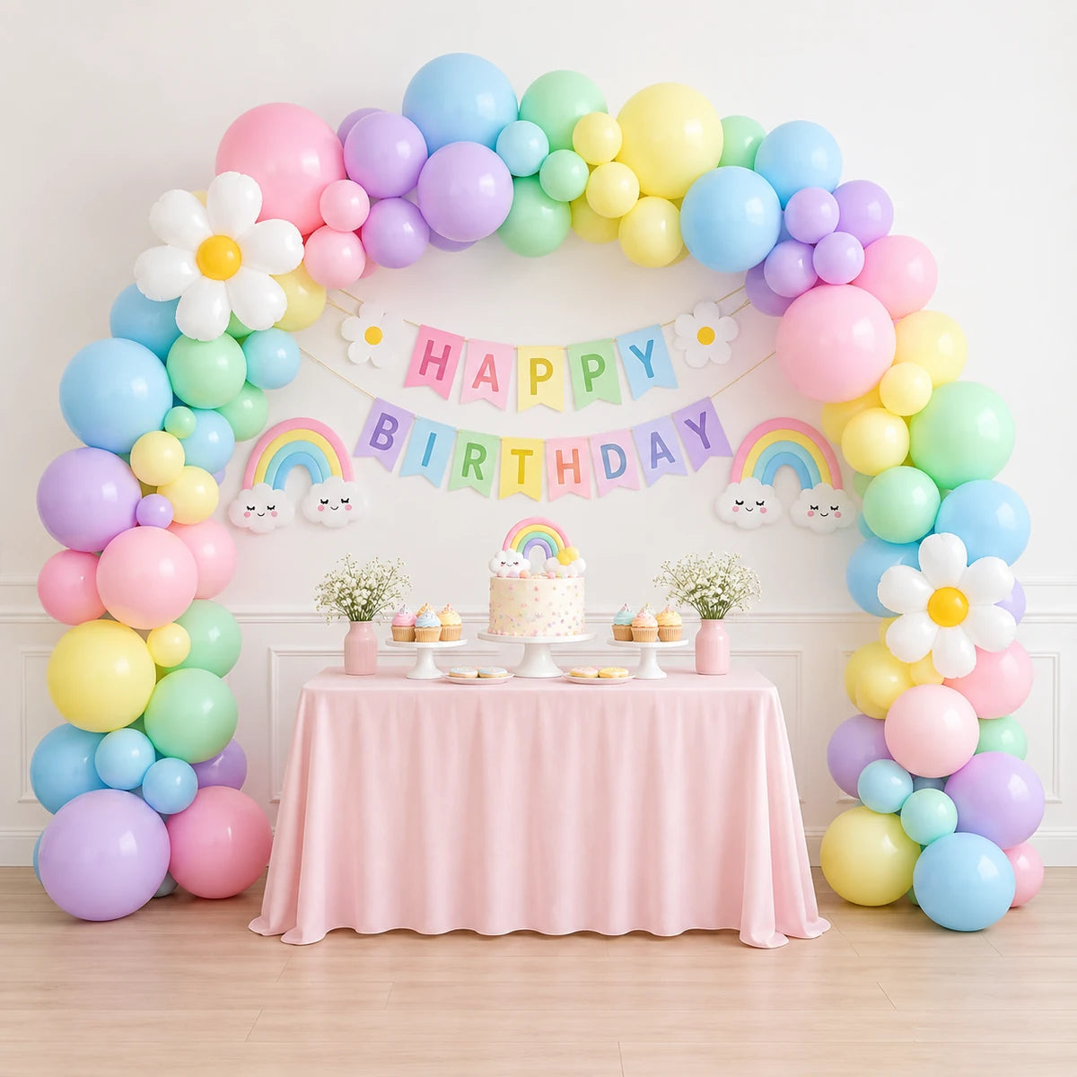 65 Pcs Pastel Rainbow Birthday Decoration Kit with Balloon Arch