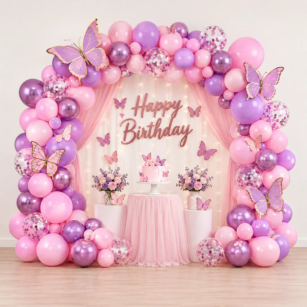 109 Pcs Butterfly Birthday Balloon Arch Kit – Pink & Purple
