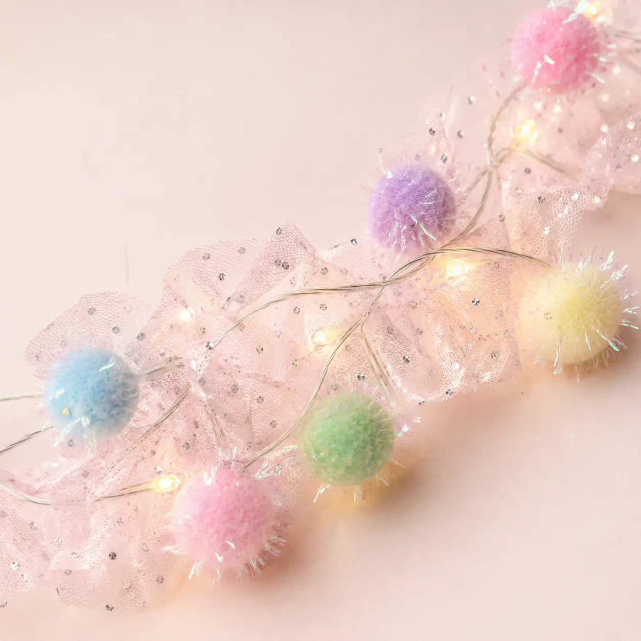 Pastel Pom Pom LED String Light with Pink Mesh – Warm White Fairy Lights for Home & Room Décor image 3