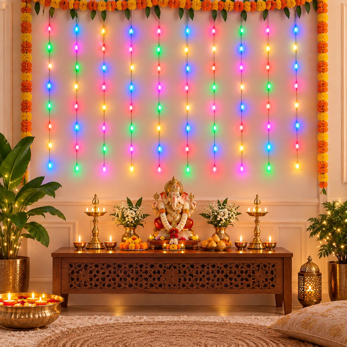Multicolor LED Decoration Light for Diwali & Ganpati – 10 Ft, 10 Hanging Lines, 2 Ft Drop | Plug-In Festive Light