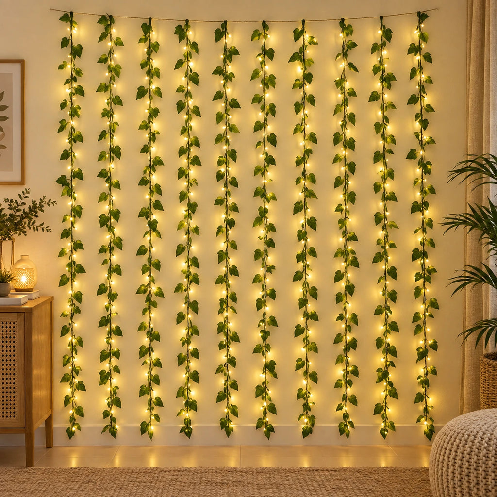 Green Leaf Curtain LED Light with 10 Hanging Strings – Warm White