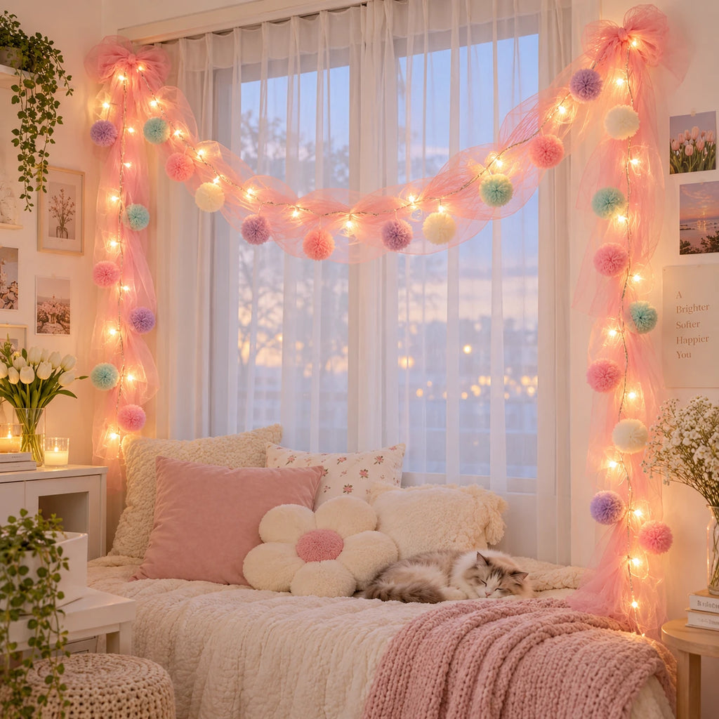 Pastel Pom Pom LED String Light with Pink Mesh – Warm White Fairy Lights for Home & Room Décor