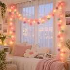 Pastel Pom Pom LED String Light with Pink Mesh – Warm White Fairy Lights for Home & Room Décor