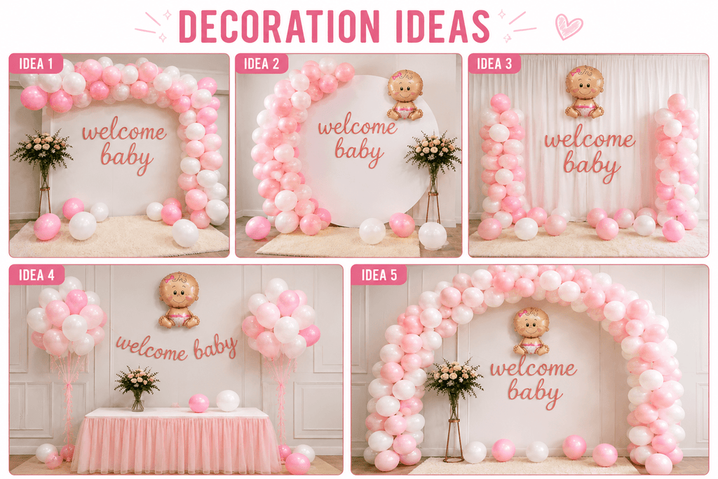 45 Pcs Welcome Baby Girl Decoration Kit – Pink White Balloons image 2