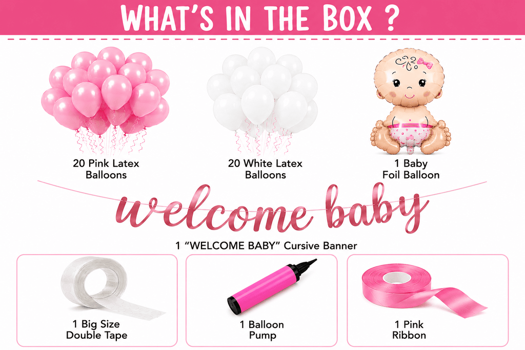 45 Pcs Welcome Baby Girl Decoration Kit – Pink White Balloons image 1