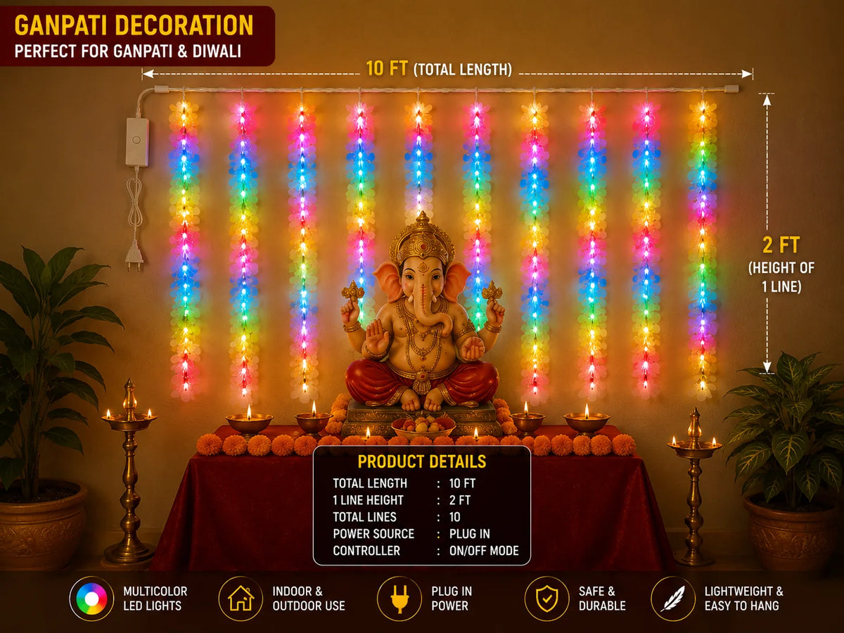 Multicolor LED Decoration Light for Diwali & Ganpati – 10 Ft, 10 Hanging Lines, 2 Ft Drop | Plug-In Festive Light image 1