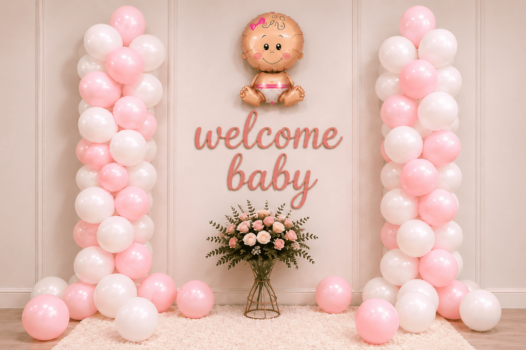 45 Pcs Welcome Baby Girl Decoration Kit – Pink White Balloons image 0