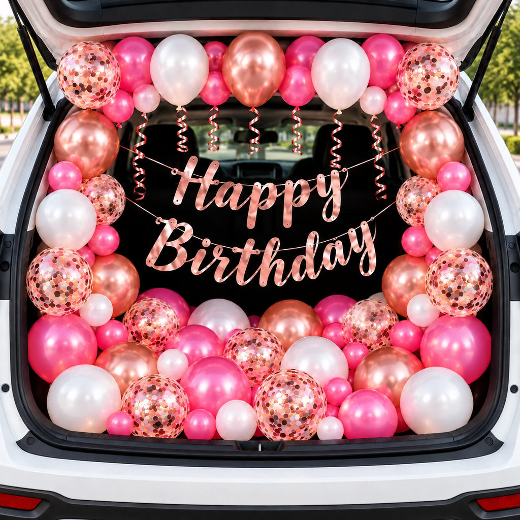 17 Pcs Car Boot Birthday Decoration Kit – Pink, White & Rose Gold