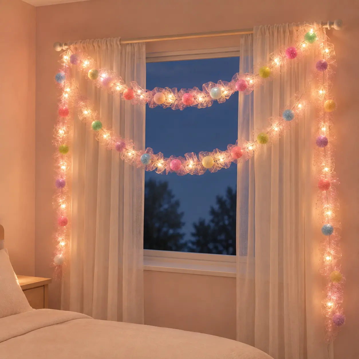 Pastel Pom Pom LED String Light with Pink Mesh – Warm White Fairy Lights for Home & Room Décor image 1