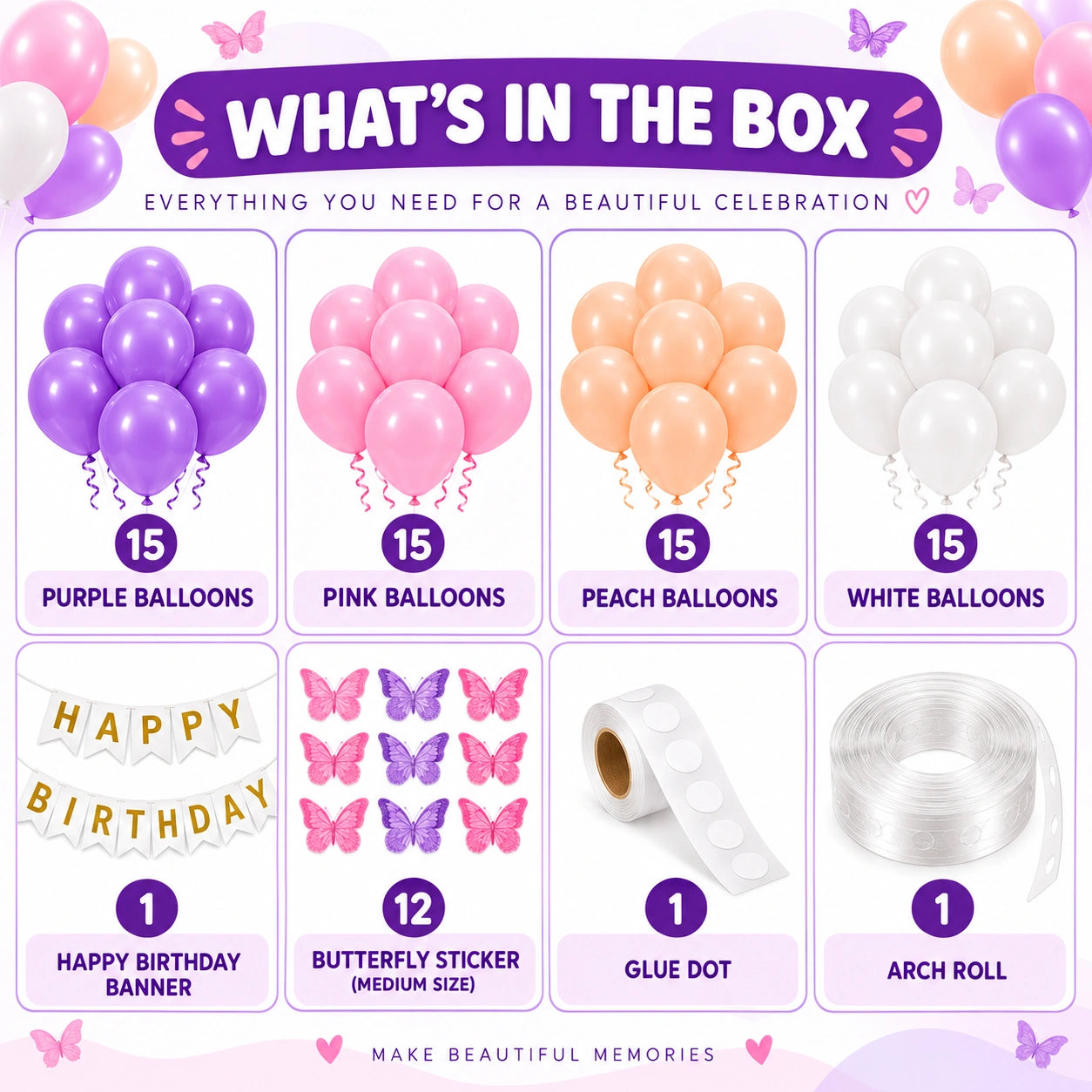 75 Pcs Pastel Butterfly Birthday Decoration Kit – Pink Purple Peach