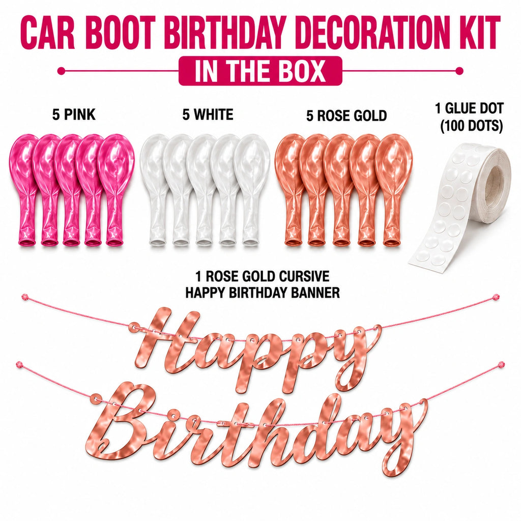 17 Pcs Car Boot Birthday Decoration Kit – Pink, White & Rose Gold
