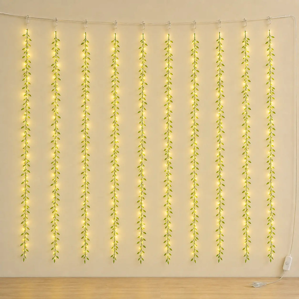 Green Leaf Curtain LED Light with 10 Hanging Strings – Warm White image 3
