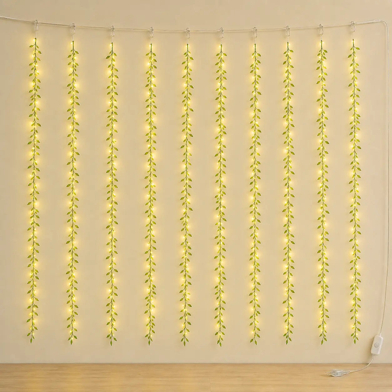 Green Leaf Curtain LED Light with 10 Hanging Strings – Warm White image 3