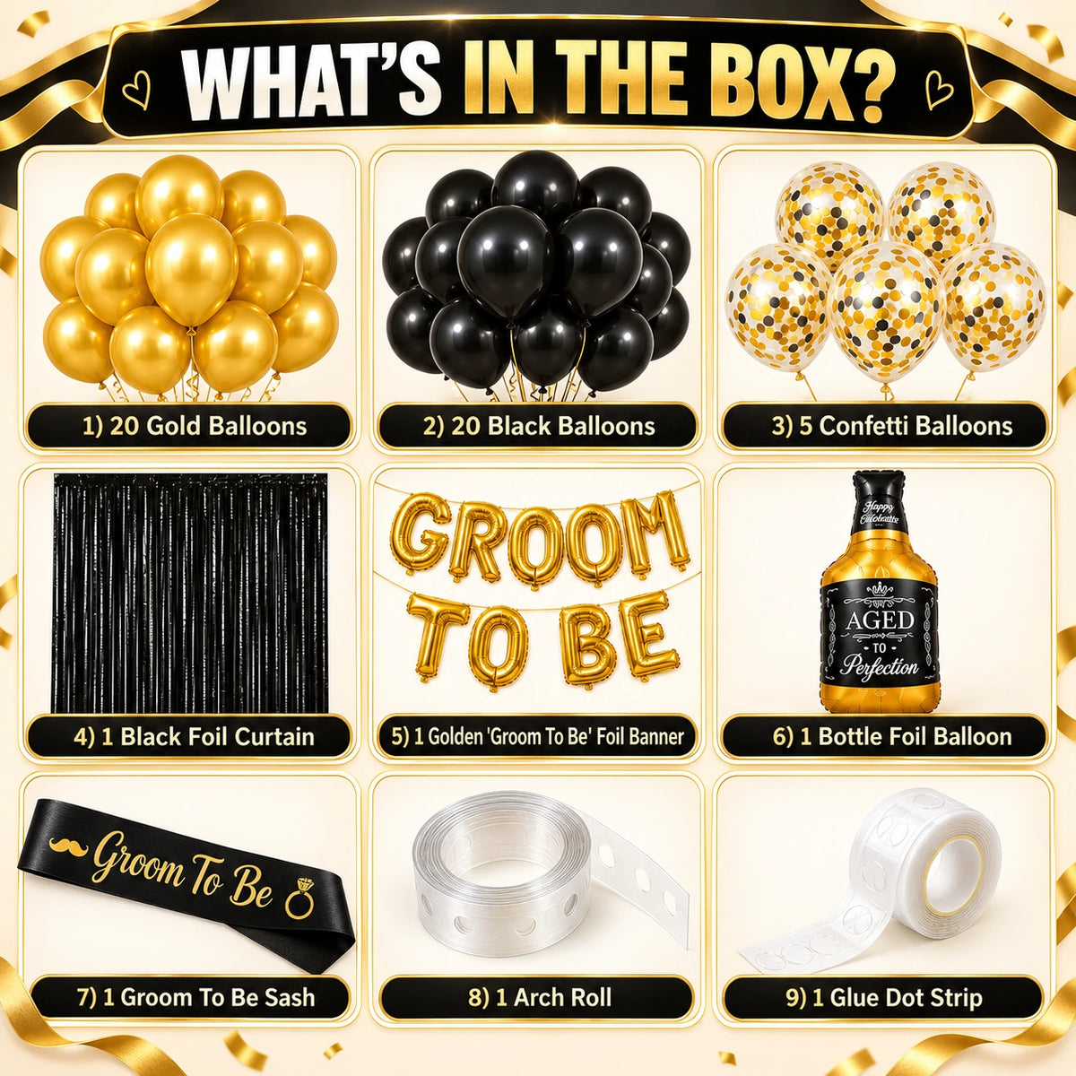 51 Pcs Groom To Be Decoration Kit – Black & Gold Balloons