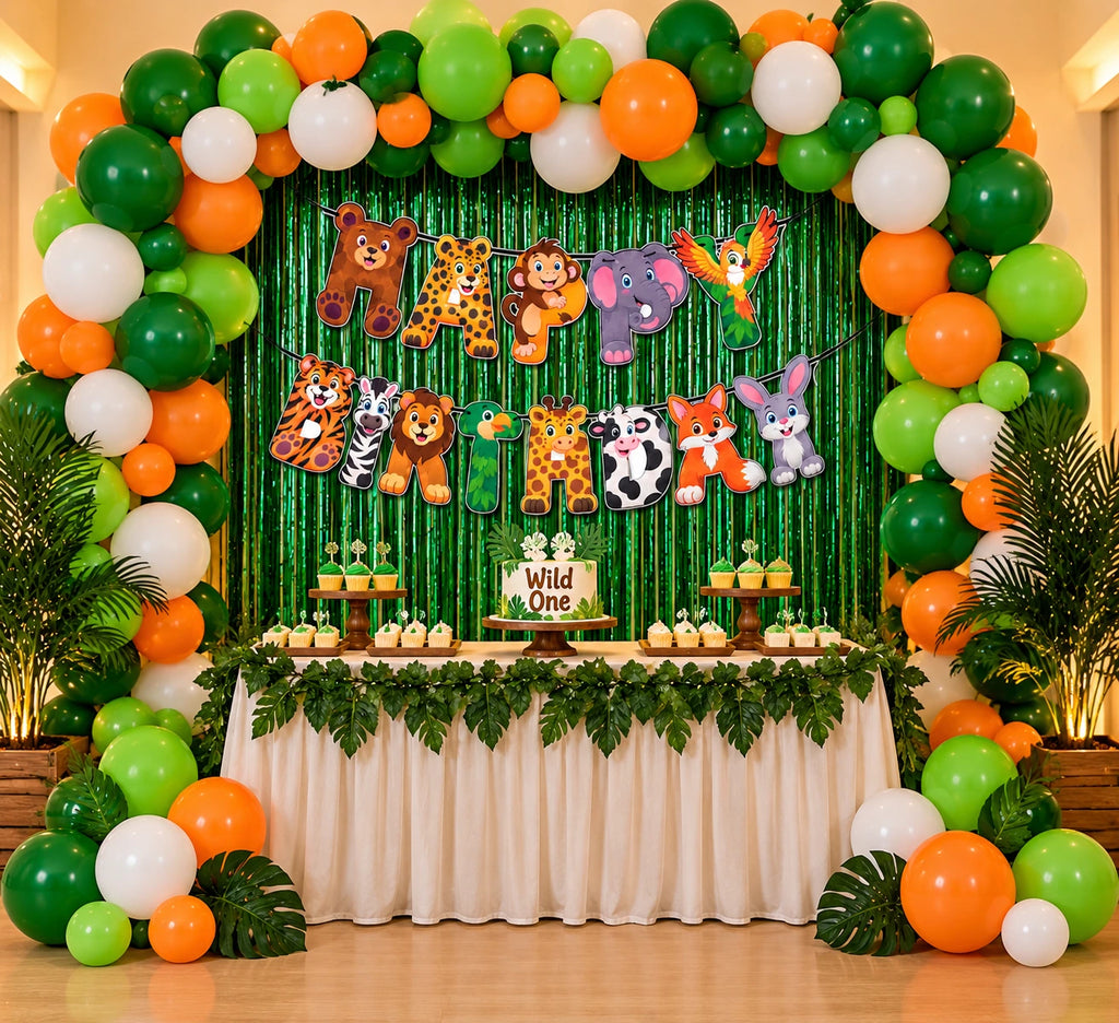 Jungle theme birthday decoration kit with green orange balloons and animal Happy Birthday banner