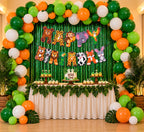 Jungle theme birthday decoration kit with green orange balloons and animal Happy Birthday banner