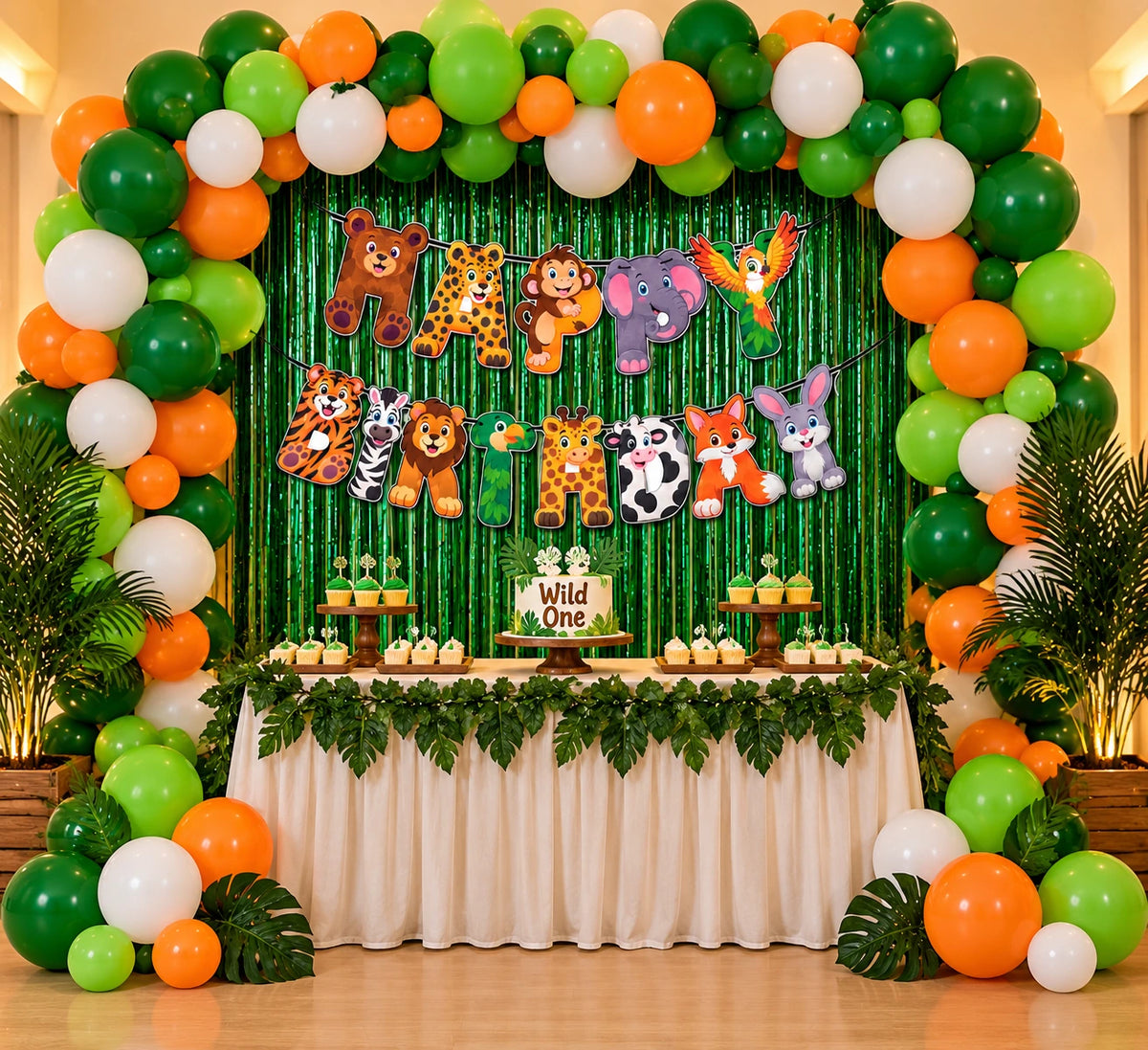 Jungle theme birthday decoration kit with green orange balloons and animal Happy Birthday banner