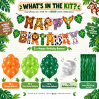 Jungle birthday decoration kit contents with 36 balloons banner arch strip and green foil curtain