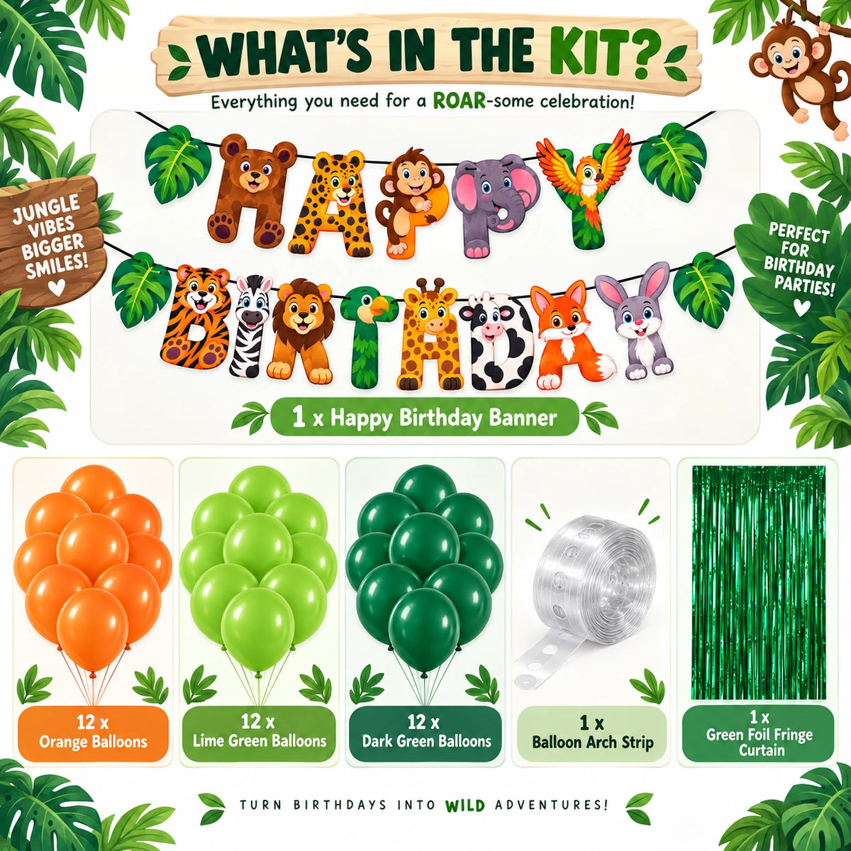 Jungle birthday decoration kit contents with 36 balloons banner arch strip and green foil curtain