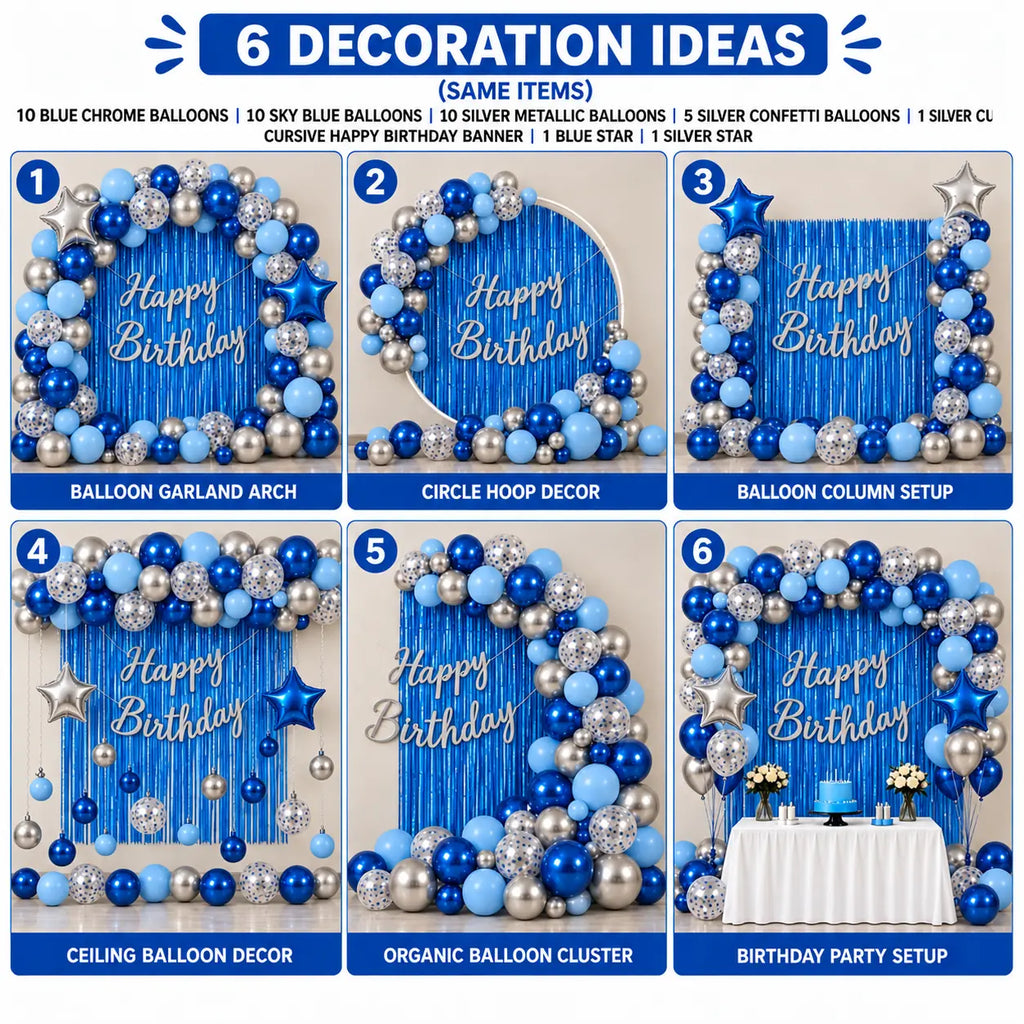 41 Pcs Blue & Silver Birthday Decoration Kit with Blue Foil Curtain