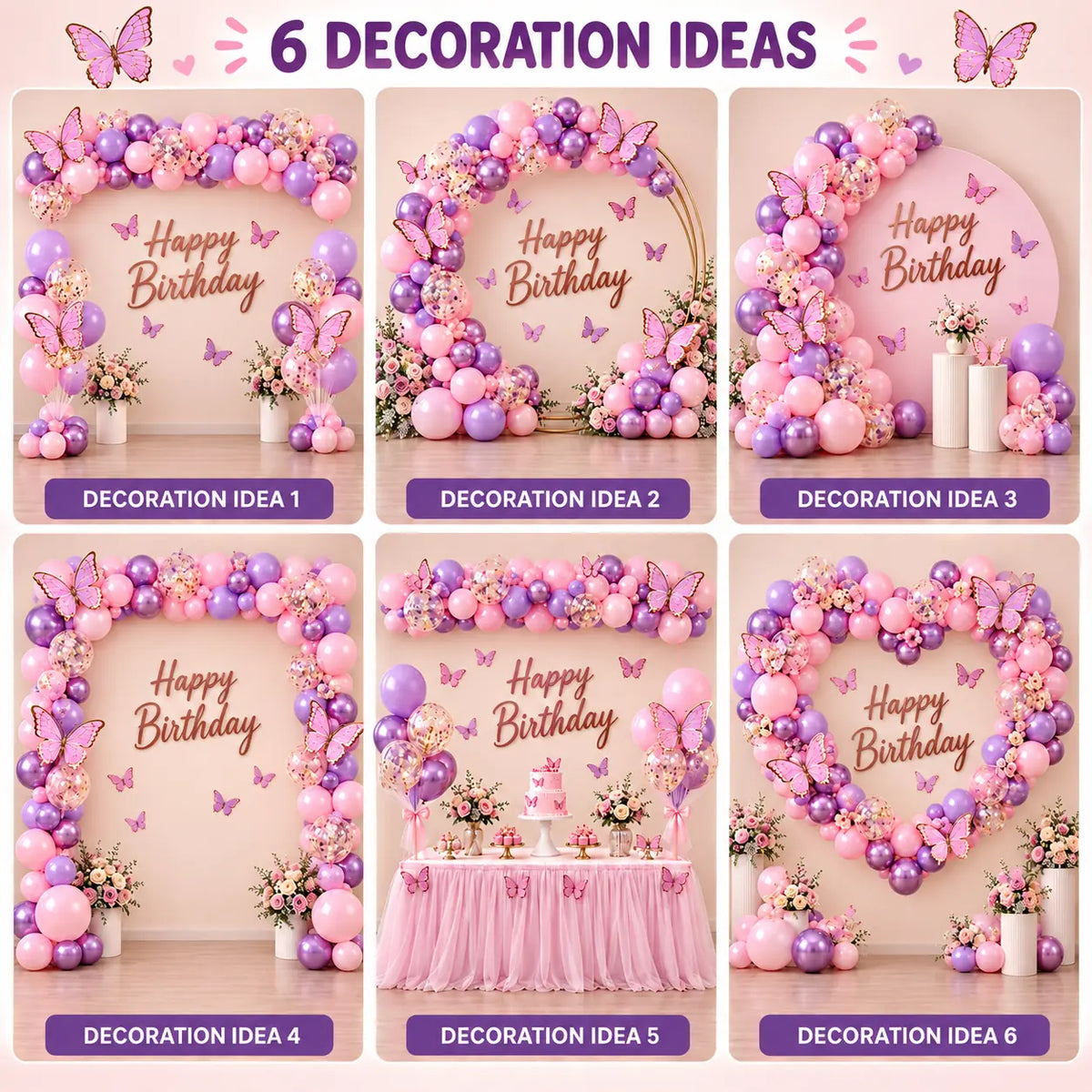 60 Pcs Pink & Purple Butterfly Birthday Decoration Kit with Rose Gold Banner
