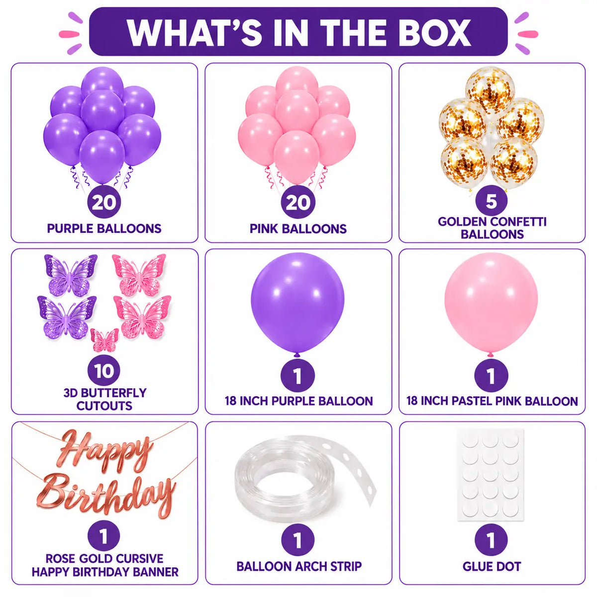 60 Pcs Pink & Purple Butterfly Birthday Decoration Kit with Rose Gold Banner