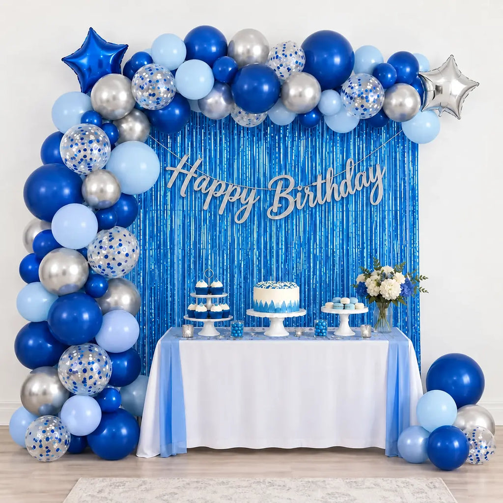 41 Pcs Blue & Silver Birthday Decoration Kit with Blue Foil Curtain