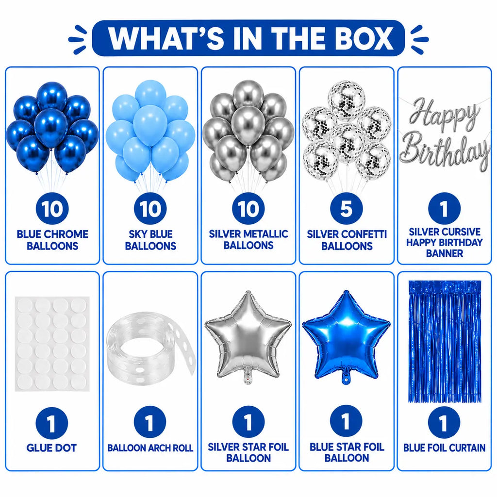 41 Pcs Blue & Silver Birthday Decoration Kit with Blue Foil Curtain