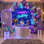 Purple & Teal Birthday Decoration Kit with Blue Foil Curtain – 29 Pcs