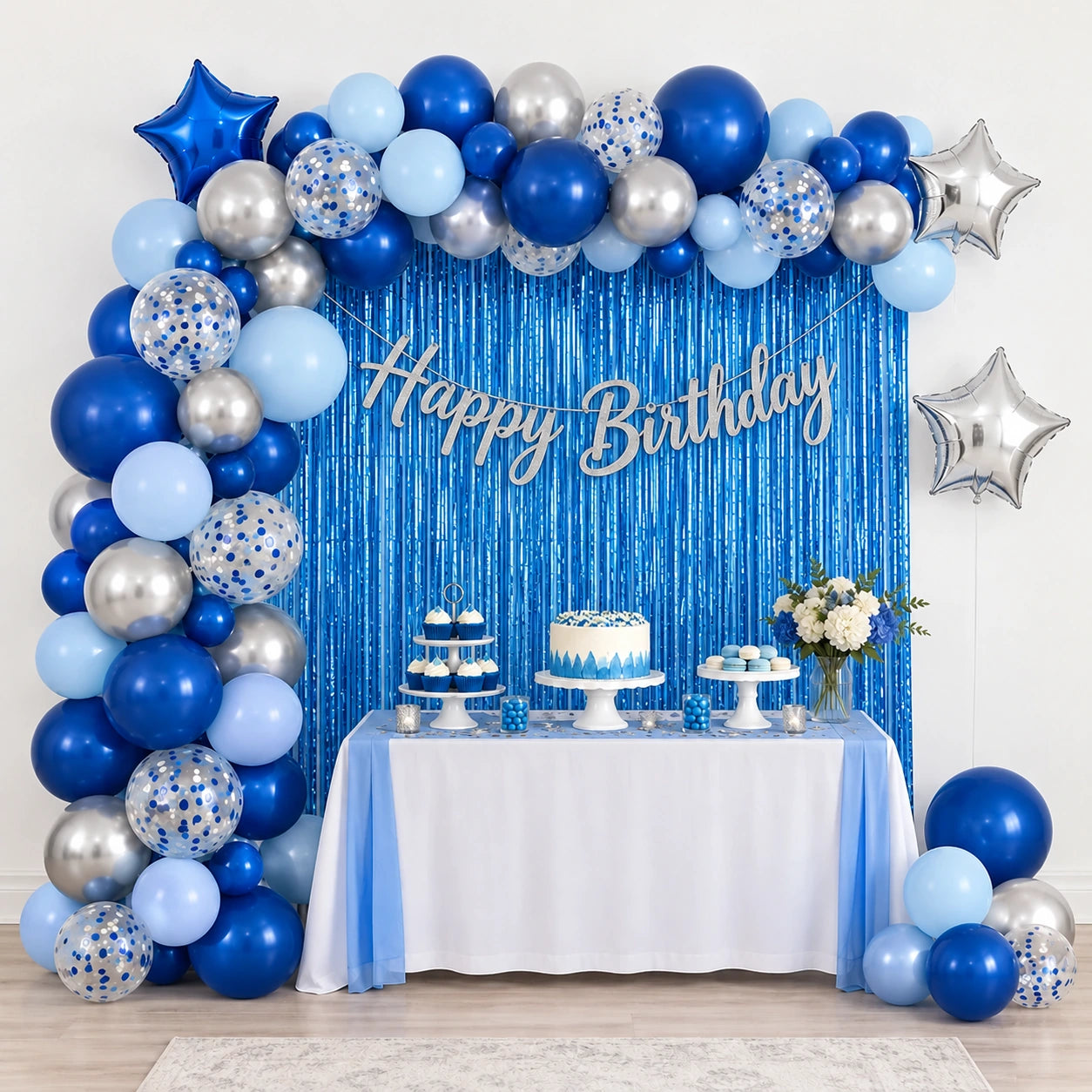 64 Pcs Blue Silver Birthday Decoration Kit with Balloon Garland