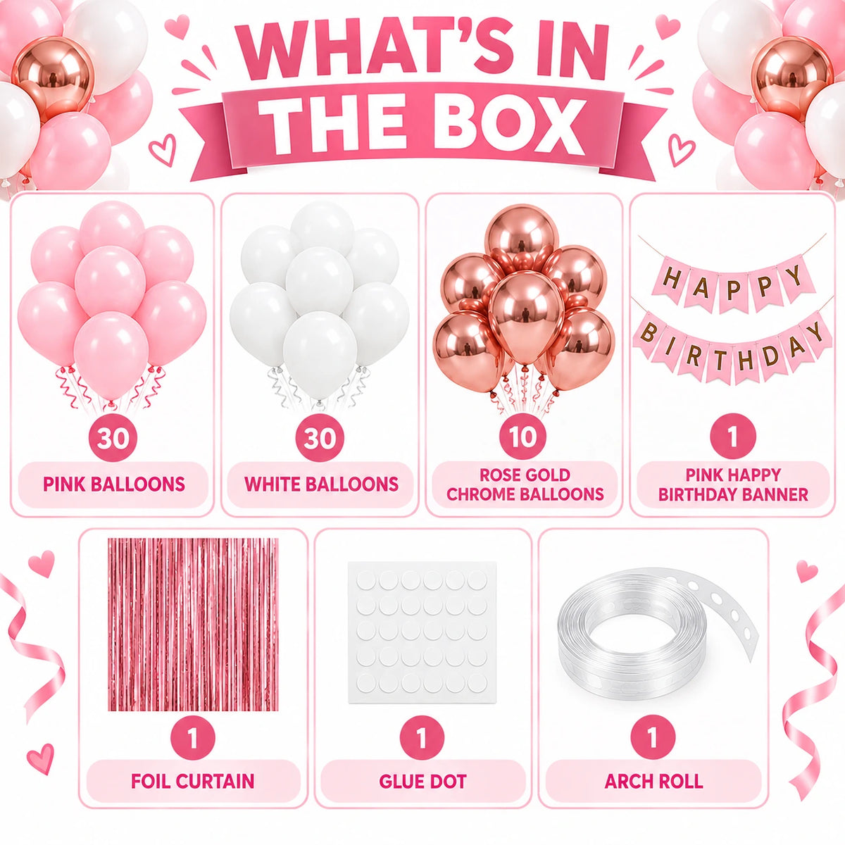 74 Pcs Pink Rose Gold Birthday Decoration Kit with Balloon Garland