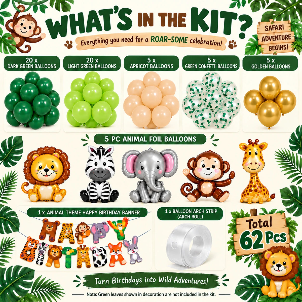 Jungle Safari Birthday Decoration Kit – 62 Pcs DIY Balloon & Animal Theme Set