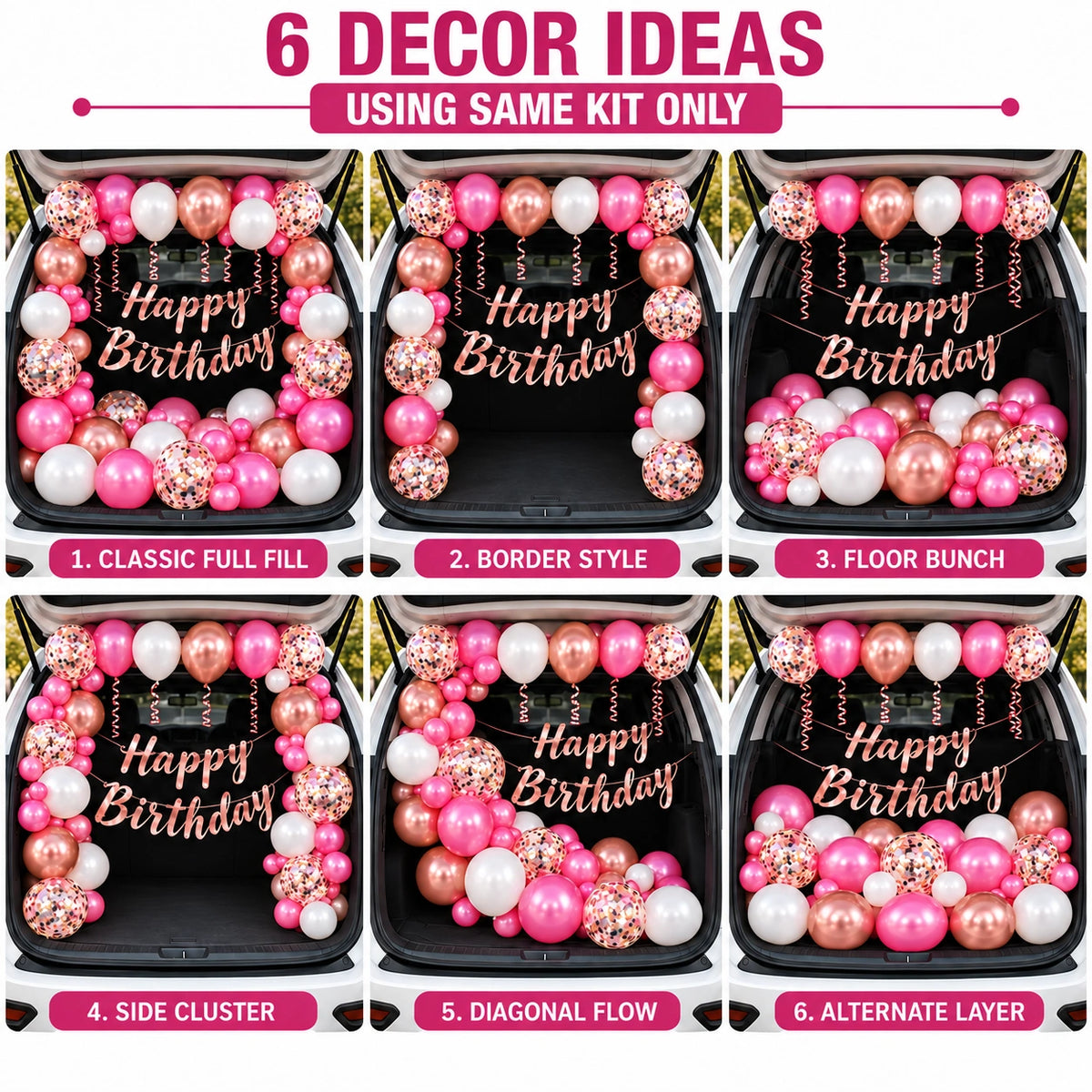 17 Pcs Car Boot Birthday Decoration Kit – Pink, White & Rose Gold