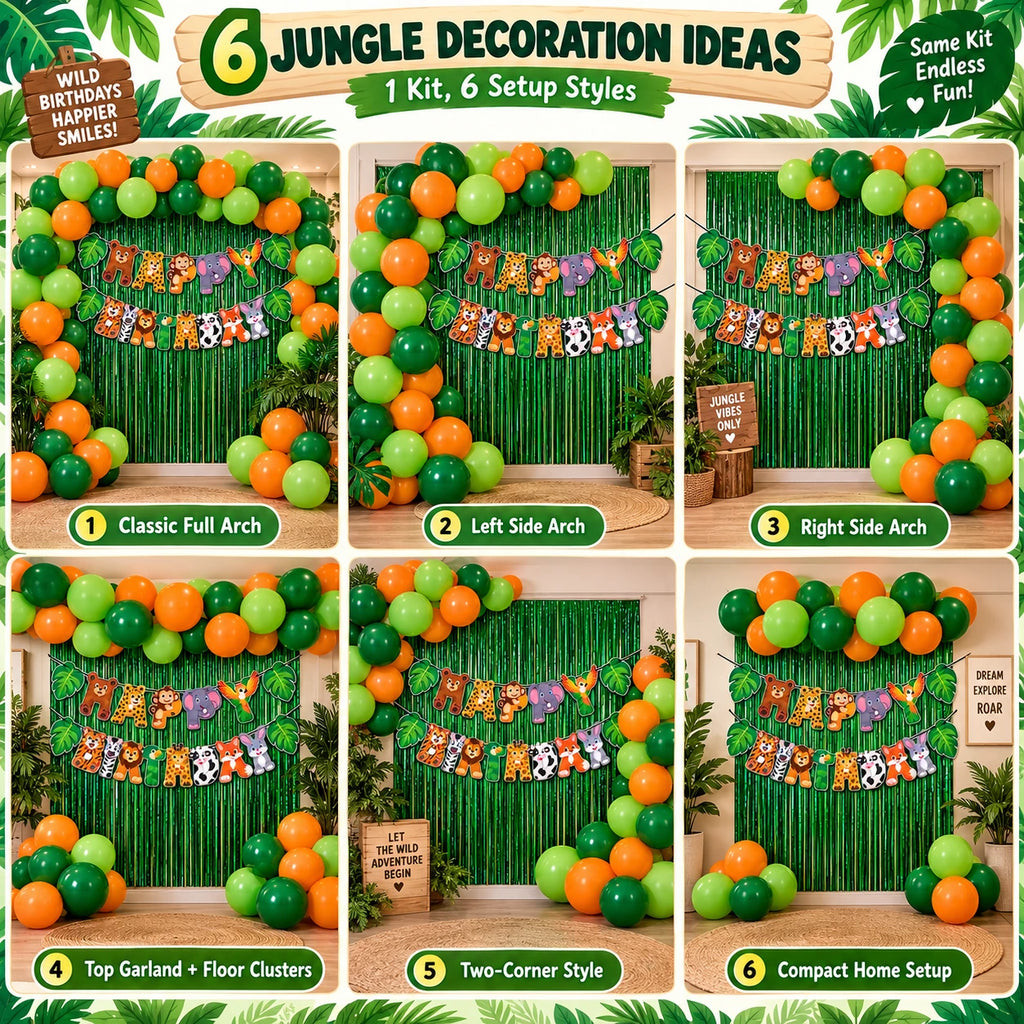 Six jungle birthday decoration ideas using the same DIY balloon decoration kit