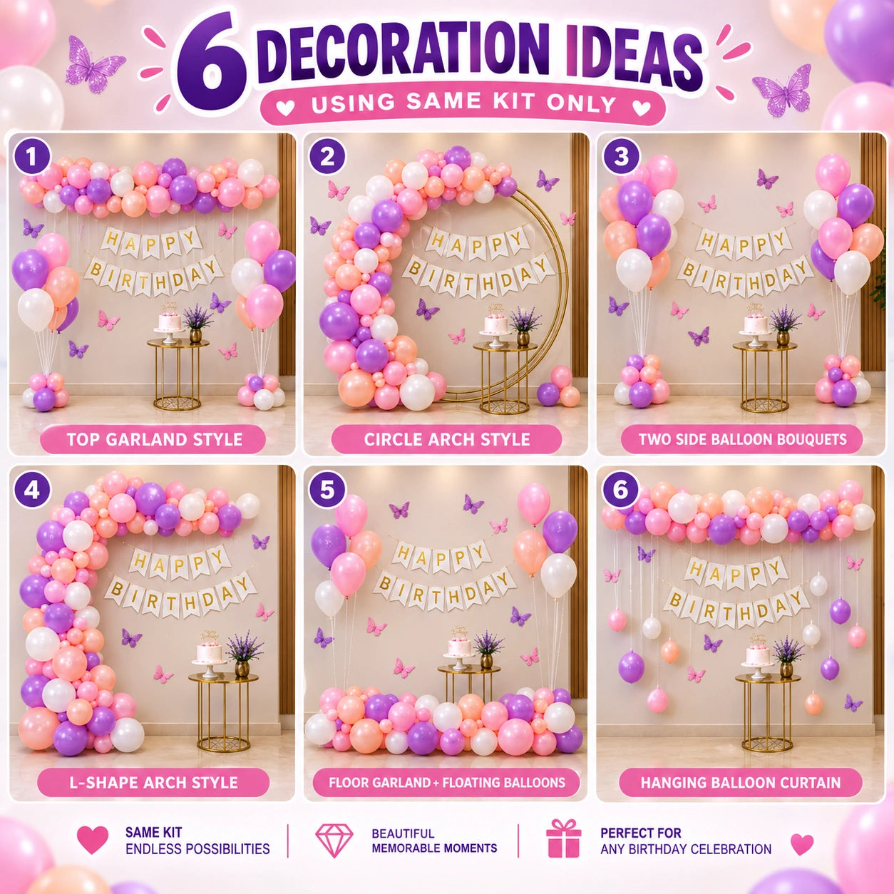 75 Pcs Pastel Butterfly Birthday Decoration Kit – Pink Purple Peach