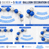 Blue and silver balloon decoration ideas with birthday banner, arch style, side cluster, top line, half arch and circle party setup.