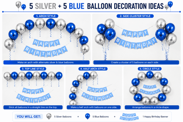 Blue and silver balloon decoration ideas with birthday banner, arch style, side cluster, top line, half arch and circle party setup.