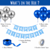 Blue and silver birthday decoration kit with chrome balloons, blue latex balloons, happy birthday banner, blue ribbon and double sided tape.