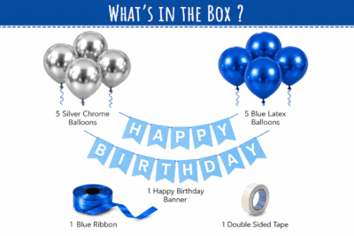 Blue and silver birthday decoration kit with chrome balloons, blue latex balloons, happy birthday banner, blue ribbon and double sided tape.