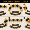 Black and gold birthday decoration ideas with balloon garland, Happy Birthday banner and party backdrop setups