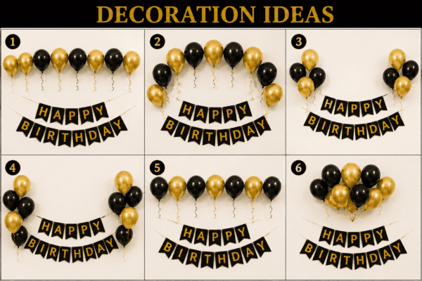 Black and gold birthday decoration ideas with balloon garland, Happy Birthday banner and party backdrop setups