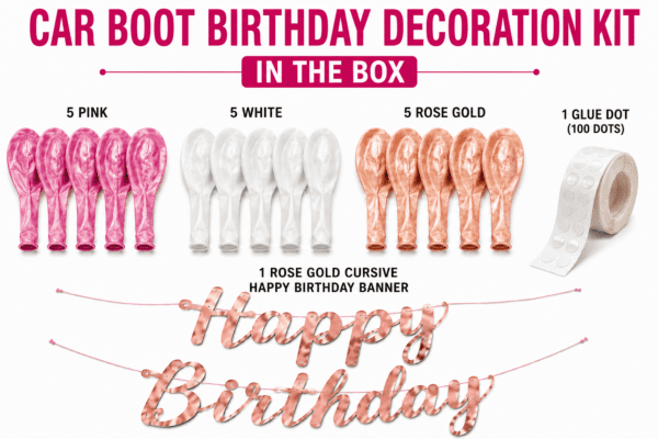 17 Pcs Car Boot Birthday Decoration Combo Kit for | Pink White Rose Gold Balloon Surprise Set
