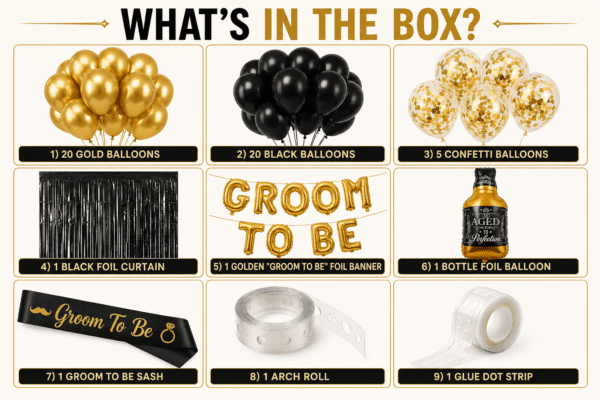 Groom to be decoration kit with 20 gold balloons, 20 black balloons, black foil curtain, gold confetti balloons, golden Groom To Be foil banner, bottle foil balloon, sash, arch roll and glue dot strip.