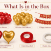 What is in the box image showing 10 red balloons, 10 golden balloons, red and gold Happy Anniversary banner, 1 red heart foil balloon, 1 golden heart foil balloon, red ribbon roll and double-sided tape.