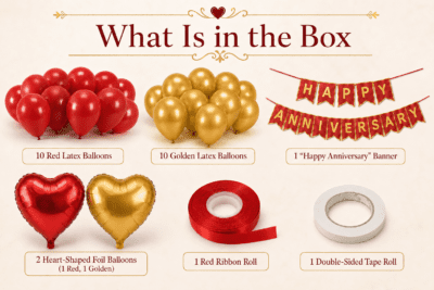 What is in the box image showing 10 red balloons, 10 golden balloons, red and gold Happy Anniversary banner, 1 red heart foil balloon, 1 golden heart foil balloon, red ribbon roll and double-sided tape.