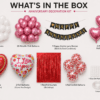 What’s in the box image for happy anniversary decoration kit featuring 35 white balloons, 35 metallic pink balloons, black and gold cardstock anniversary banner, pink heart foil balloons, love you foil balloons, red foil curtain, red confetti balloons, glue dots, balloon pump and arch roll.