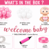 Welcome baby girl decoration kit with pink and white balloons, baby girl foil balloon, Welcome Baby banner, ribbon, tape and balloon pump