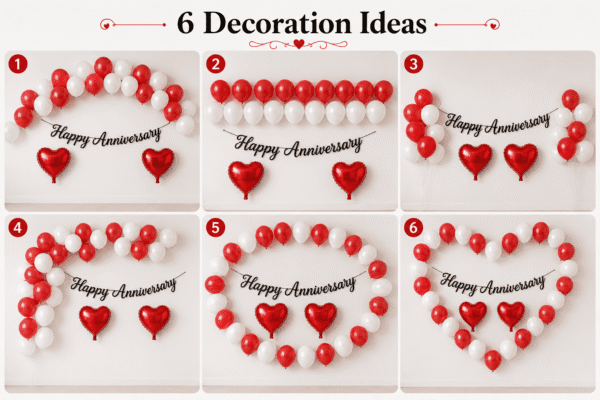 6 Happy Anniversary Decoration Ideas with Black Cursive Banner 6 decoration ideas for Happy Anniversary setup using red and white balloons, black cursive anniversary banner, red heart foil balloons, white ribbon and double-sided tape.