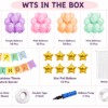 Rainbow birthday decoration kit with pastel balloons, star foil balloons, white net curtain, happy birthday banner and party accessories.